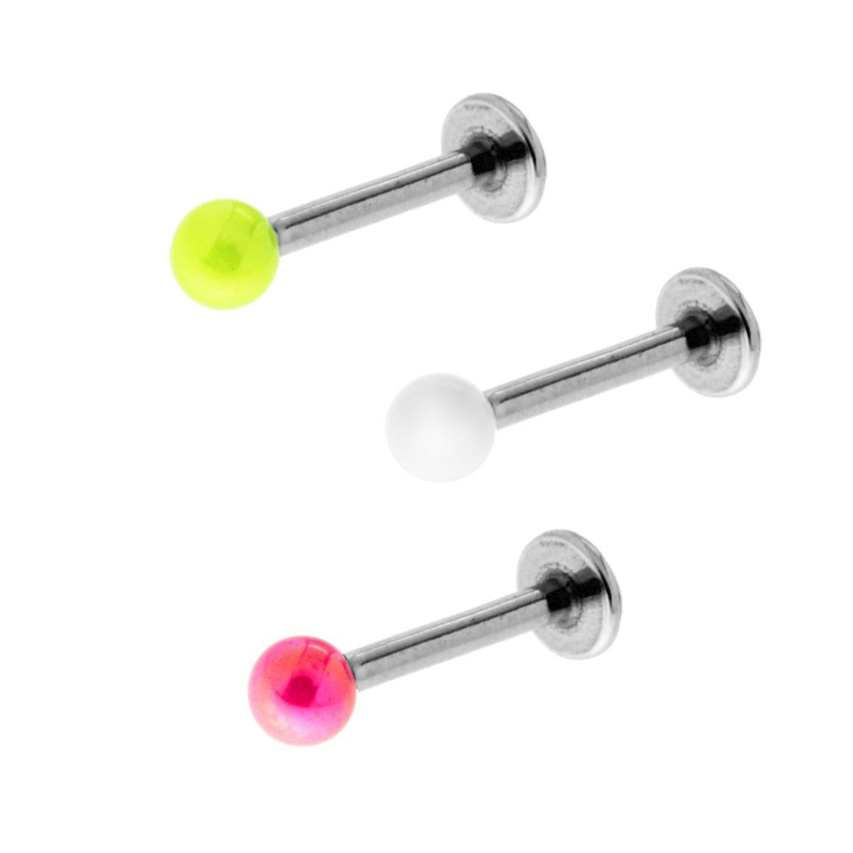 Body Piercing Labret Bianco Rosa e Giallo mm 12 con Pallina mm 3 in ACCIAIO Chirurgico