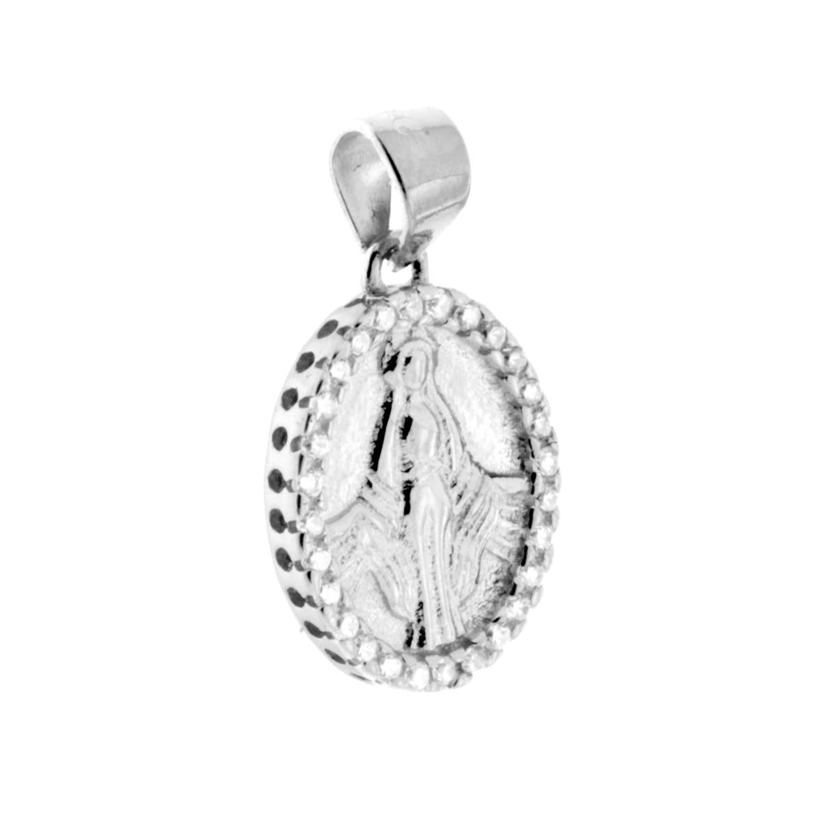 Ciondolo Medaglia Ovale mm 15 con Madonna Miracolosa e Zirconi Bianchi in ARGENTO 925 Galvanica Rodio