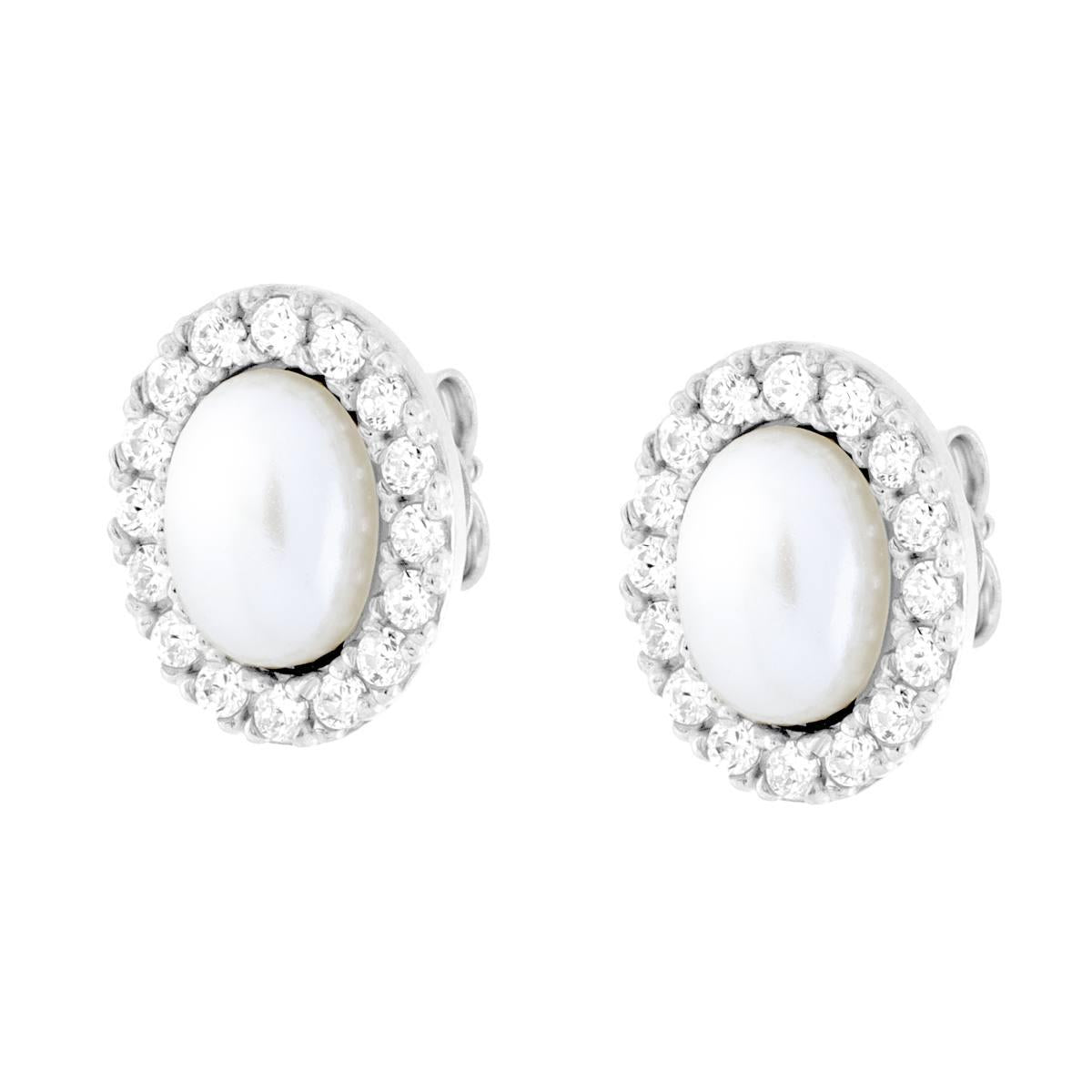 Orecchini Ovali con Perla e Zirconi Bianchi in ARGENTO 925 Galvanica Rodio