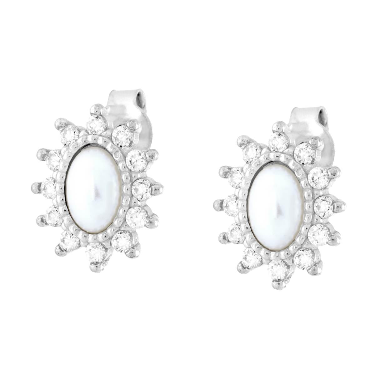 Orecchini Ovali con Perla e Cubic Zirconia Bianchi in ARGENTO 925 Galvanica Rodio