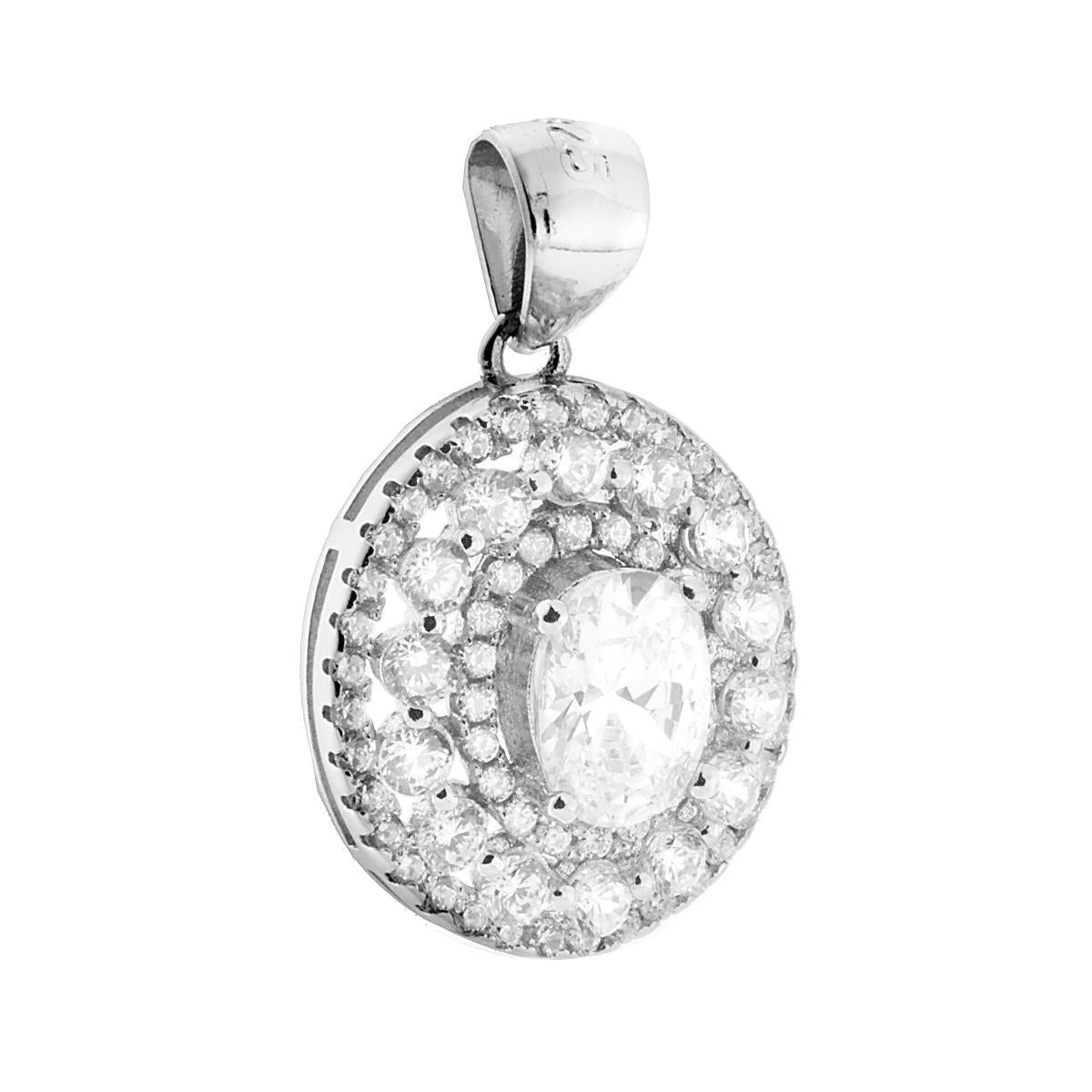 Ciondolo Ovale con Zirconi e Punto Luce in ARGENTO 925 Galvanica Rodio
