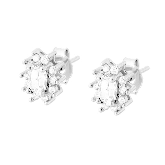Orecchini con Zircone Ovale Bianco contornato con Zirconi Bianchi in ARGENTO 925 Galvanica Rodio