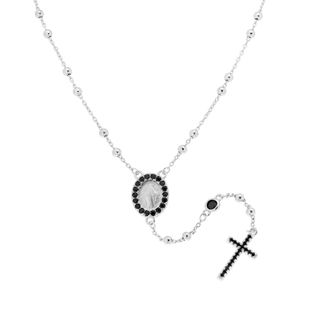 Collana Rosario cm 52+4 con Grani a pallina liscia mm 2.6 e Zirconi Neri in ARGENTO 925 Galvanica Rodio