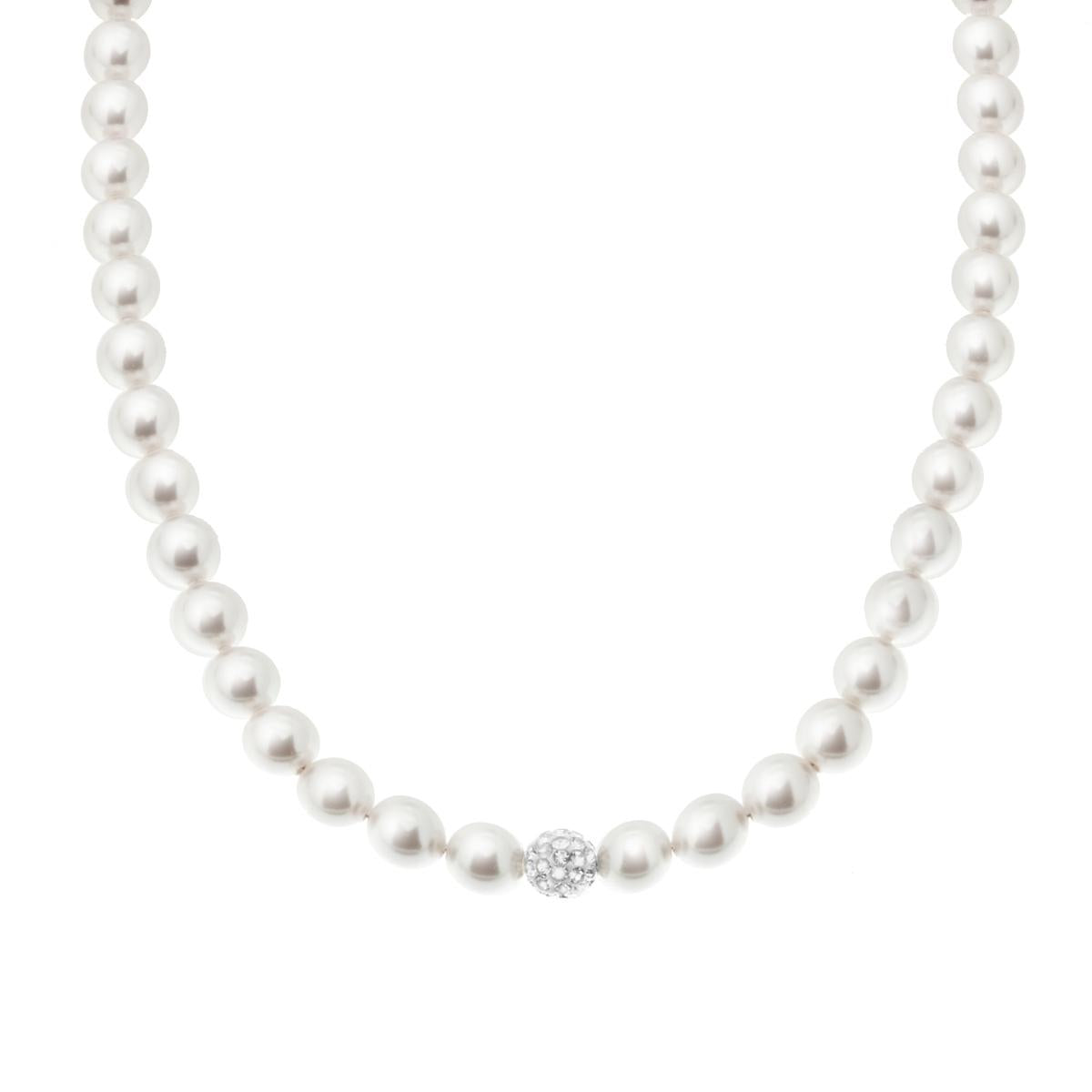 Collana Filo Perla Bianca mm 6 con Crystal centrale in ARGENTO 925 Galvanica Rodio