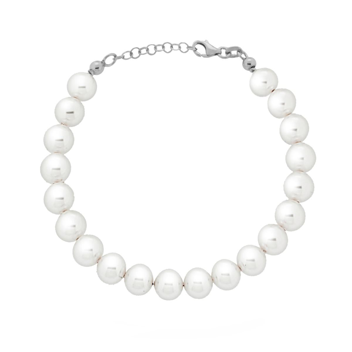 Bracciale Perla Bianca mm 8 in vetro perlato con filo e chiusura in ARGENTO 925 Galvanica Rodio